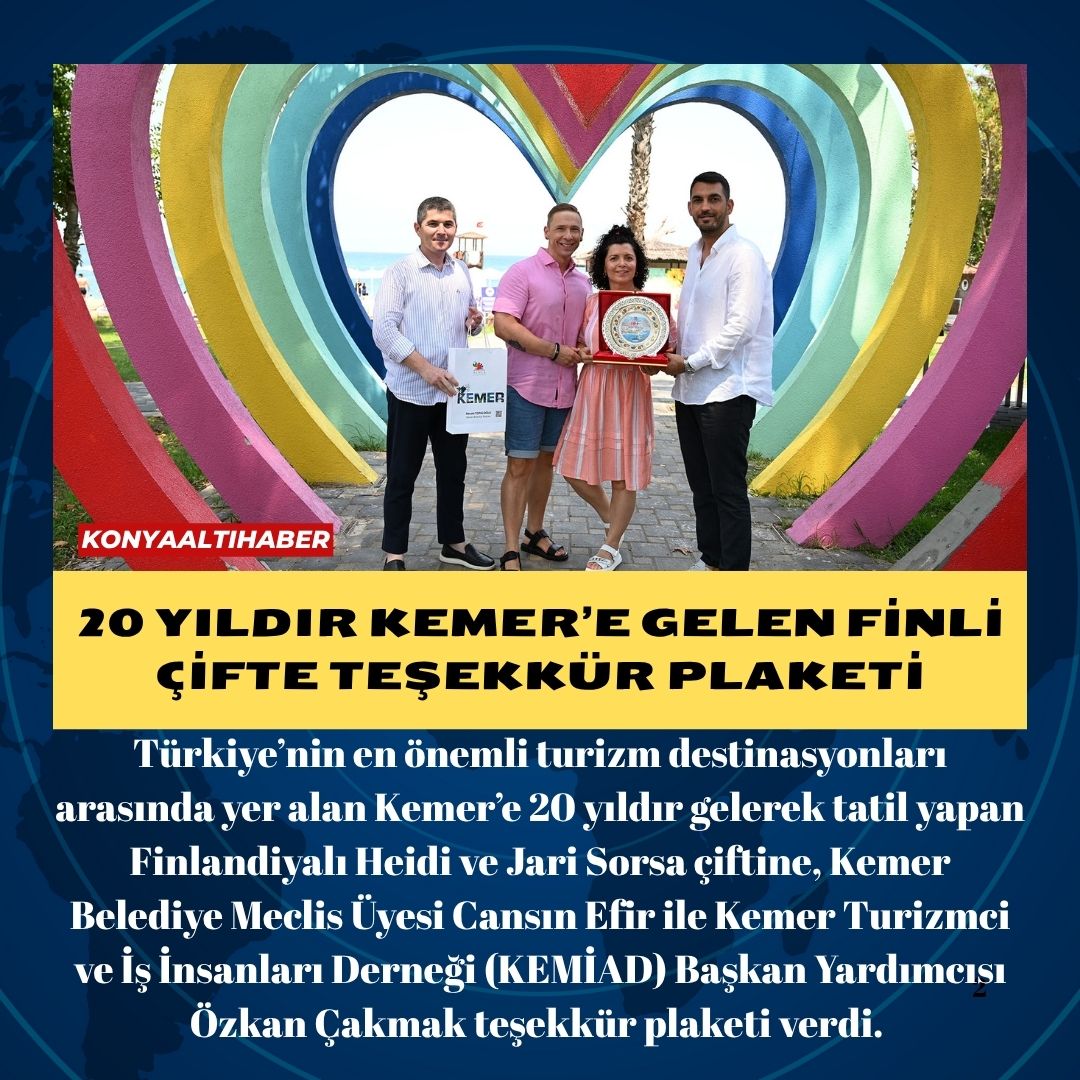 20 yıldır Kemer’e gelen Finli çifte teşekkür plaketi