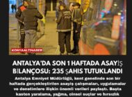 ANTALYA’DA SON 1 HAFTADA ASAYİŞ BİLANÇOSU: 235 ŞAHIS TUTUKLANDI