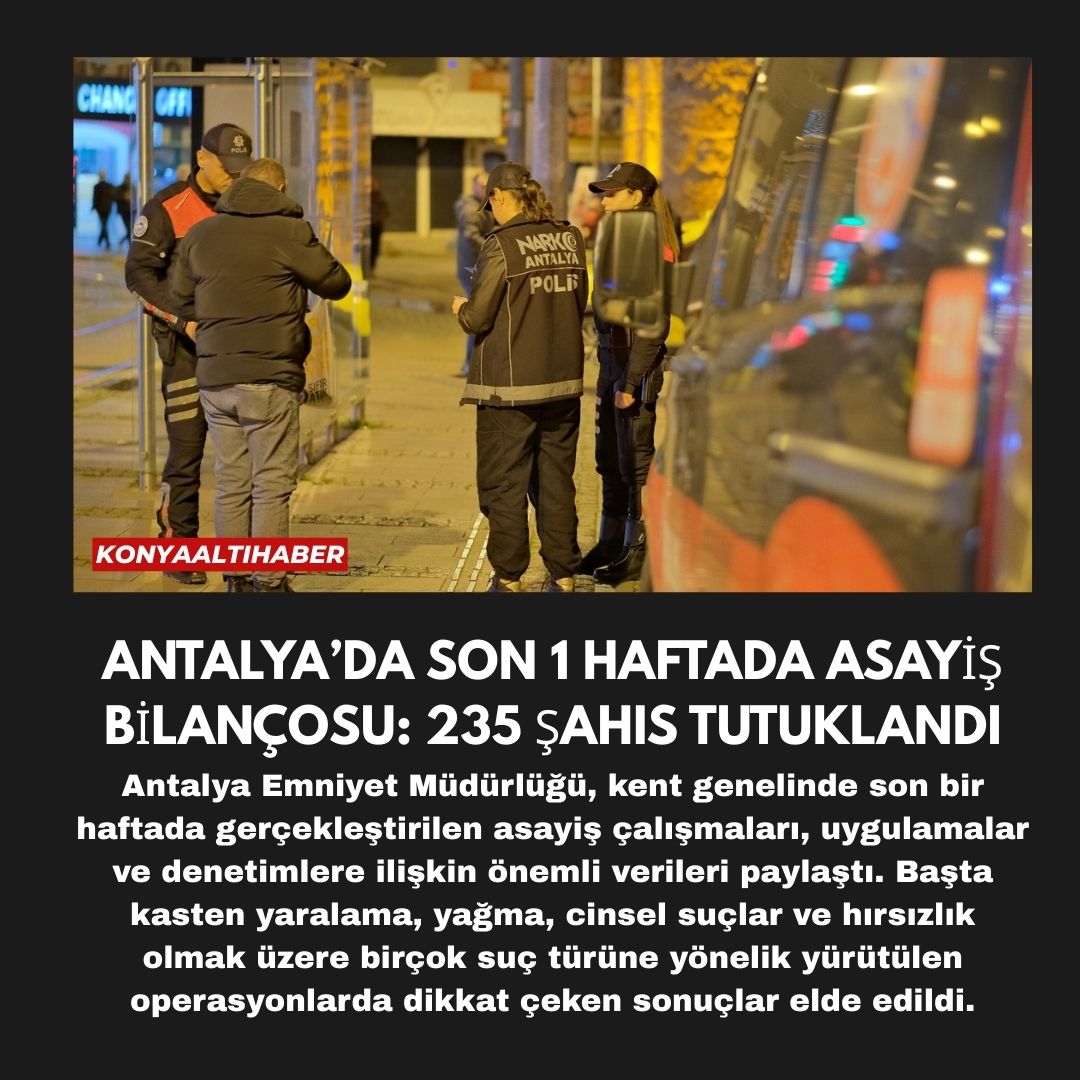 ANTALYA’DA SON 1 HAFTADA ASAYİŞ BİLANÇOSU: 235 ŞAHIS TUTUKLANDI