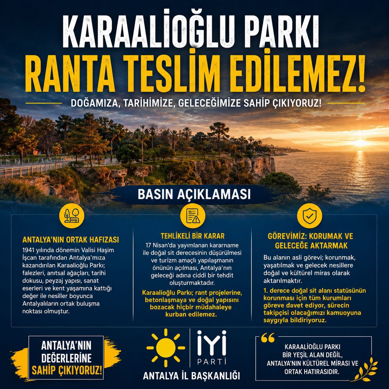 İYİ Parti’den Karaalioğlu Parkı Tepkisi: “Antalya’nın Hafızası Ranta Kurban Edilemez”